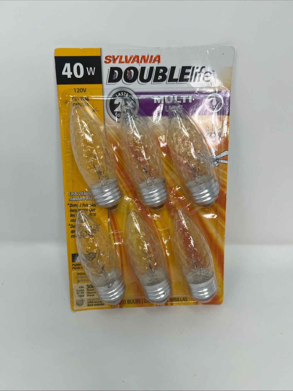 Sylvania Double Life 6 Pack 40W Chandalier B10 Light Bulbs Crystal New In Pack